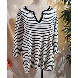 Lands End Nautical Stripe Ruffle Split Neck 3/4 Sleeve Top Plus Size 16-18W